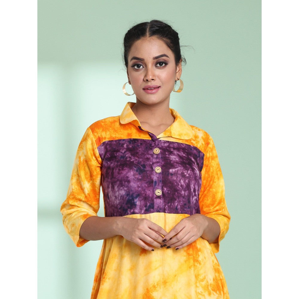 CHARUKRITI Yellow Rayon Printed Stitched Ethnic Dress