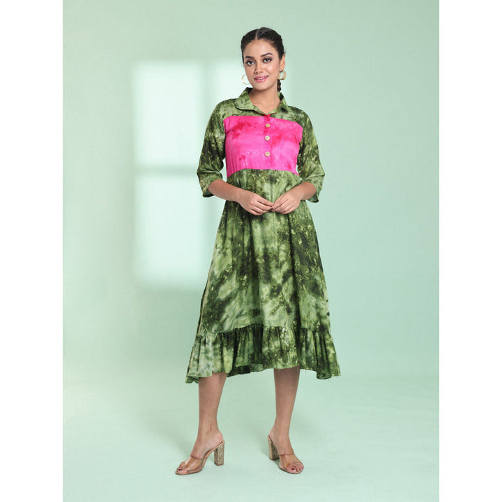 CHARUKRITI Green Rayon Printed Stitched Ethnic Dress