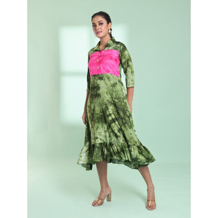 CHARUKRITI Green Rayon Printed Stitched Ethnic Dress