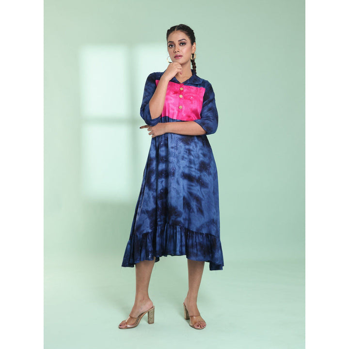 CHARUKRITI Navy Blue Rayon Printed Stitched Ethnic Dress