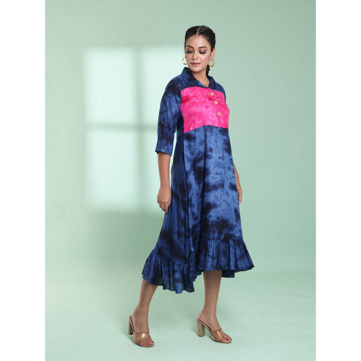 CHARUKRITI Navy Blue Rayon Printed Stitched Ethnic Dress