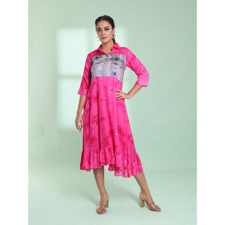 CHARUKRITI Pink Rayon Printed Stitched Ethnic Dress