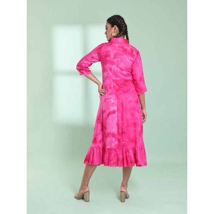 CHARUKRITI Pink Rayon Printed Stitched Ethnic Dress