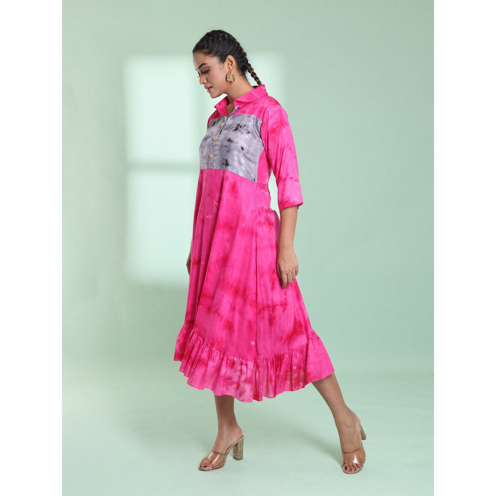 CHARUKRITI Pink Rayon Printed Stitched Ethnic Dress