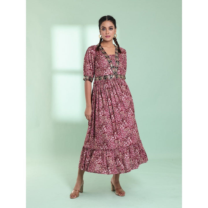 CHARUKRITI Pink Rayon Floral Printed Stitched Ethnic Dress