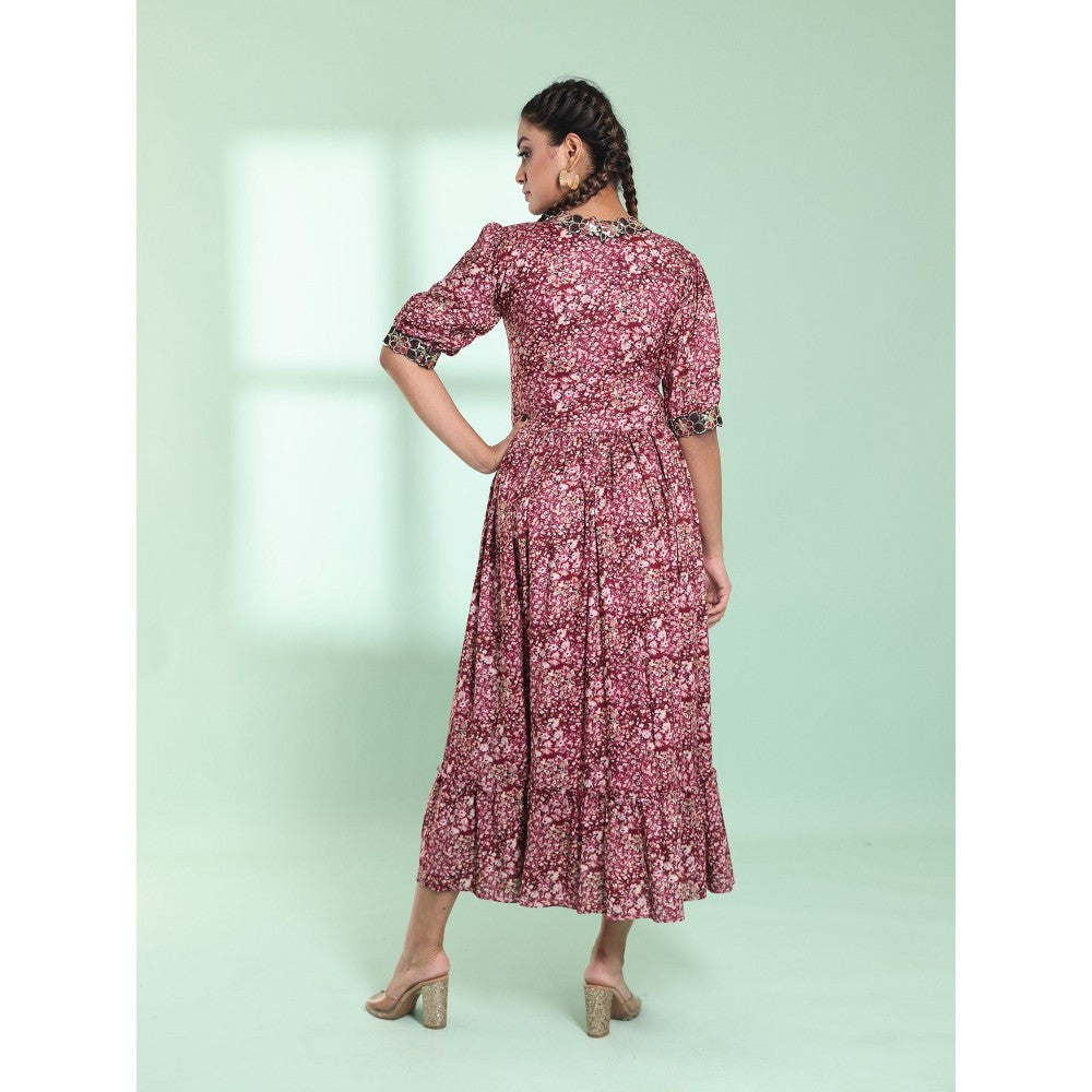 CHARUKRITI Pink Rayon Floral Printed Stitched Ethnic Dress