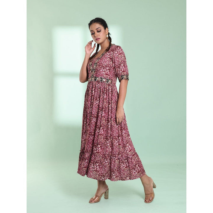 CHARUKRITI Pink Rayon Floral Printed Stitched Ethnic Dress