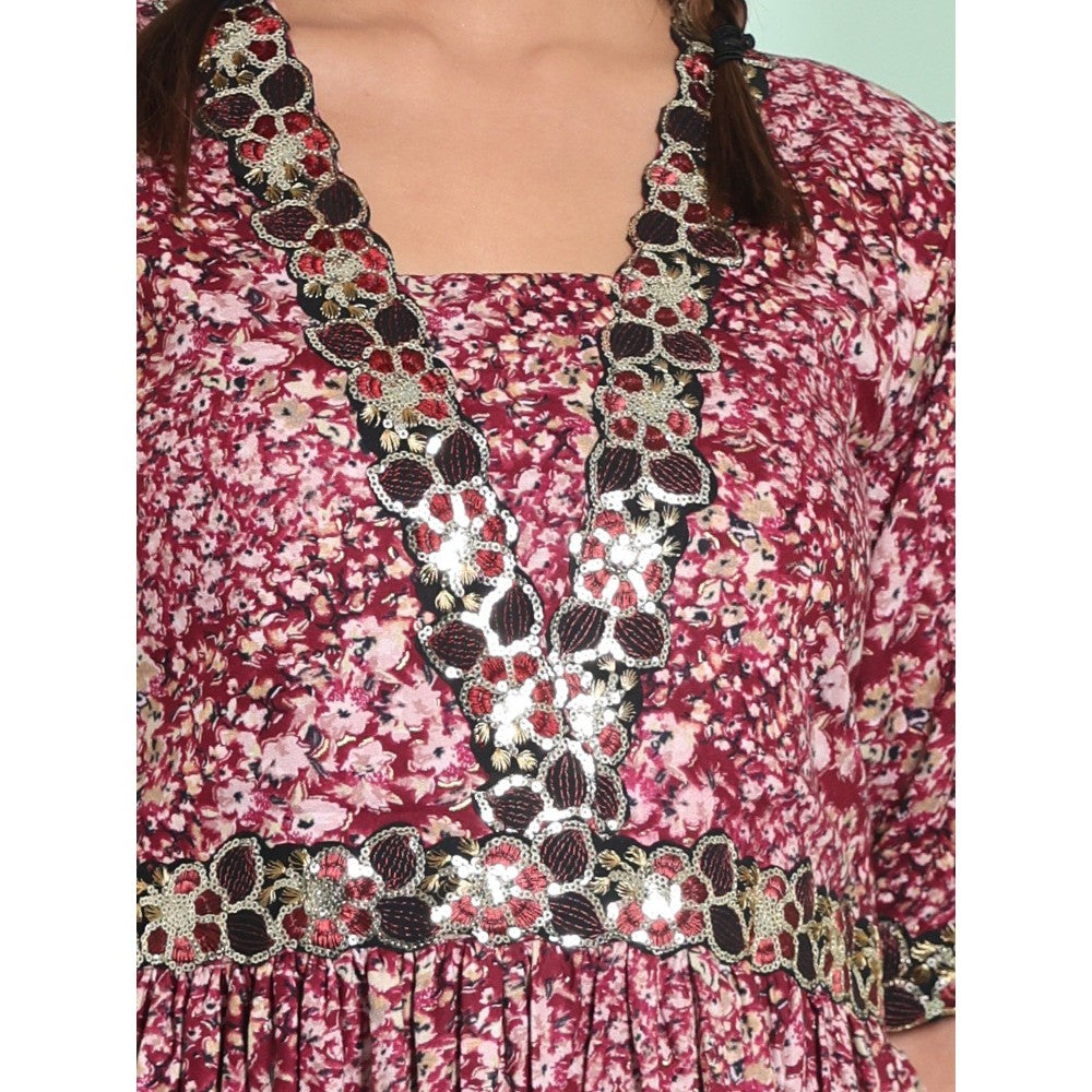 CHARUKRITI Pink Rayon Floral Printed Stitched Ethnic Dress