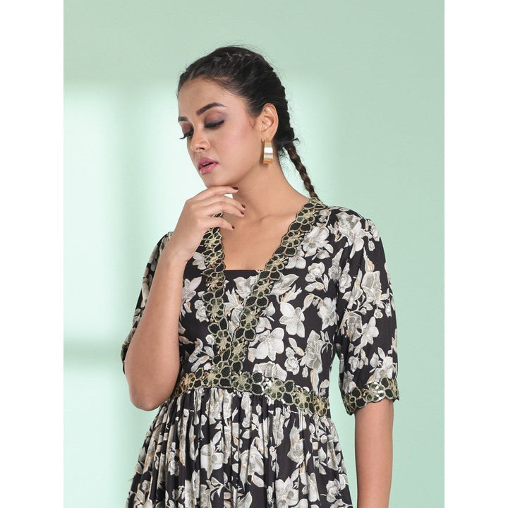 CHARUKRITI Black Rayon Floral Printed Stitched Ethnic Dress