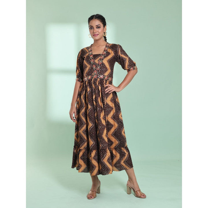 CHARUKRITI Brown Rayon Bandhani Printed Stitched Ethnic Dress