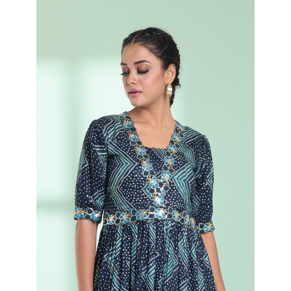 CHARUKRITI Teal Rayon Bandhani Printed Stitched Ethnic Dress