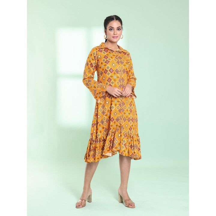 CHARUKRITI Yellow Rayon Bandhani Printed A-Line Stitched Ethnic Dress