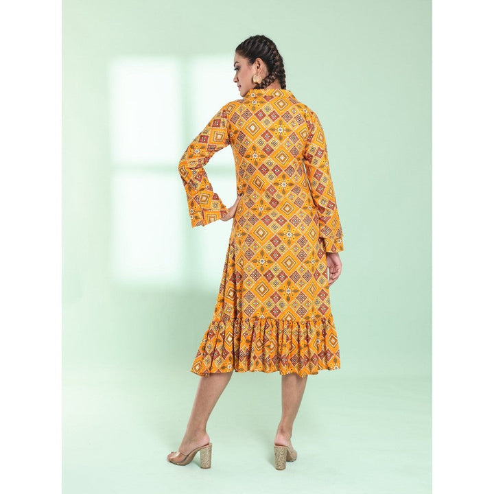 CHARUKRITI Yellow Rayon Bandhani Printed A-Line Stitched Ethnic Dress