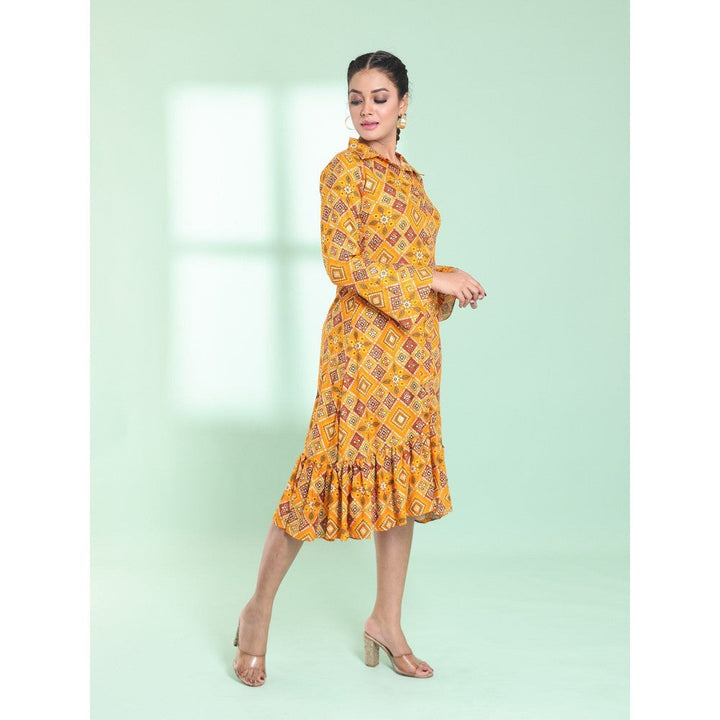 CHARUKRITI Yellow Rayon Bandhani Printed A-Line Stitched Ethnic Dress