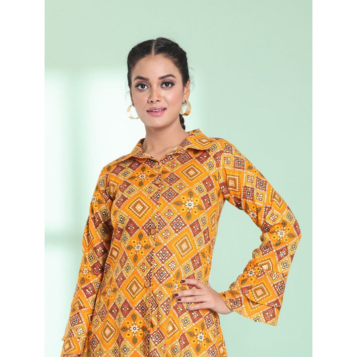 CHARUKRITI Yellow Rayon Bandhani Printed A-Line Stitched Ethnic Dress