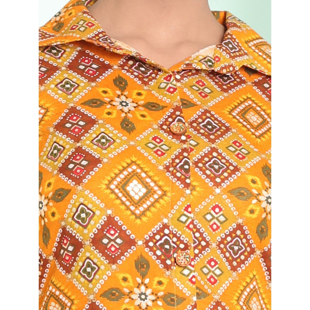 CHARUKRITI Yellow Rayon Bandhani Printed A-Line Stitched Ethnic Dress