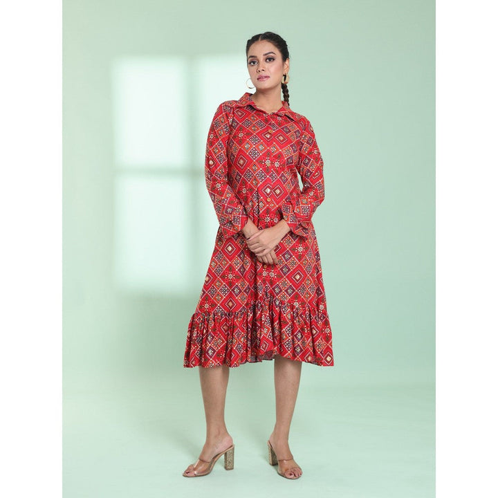 CHARUKRITI Red Rayon Bandhani Printed A-Line Stitched Ethnic Dress