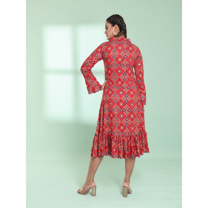 CHARUKRITI Red Rayon Bandhani Printed A-Line Stitched Ethnic Dress