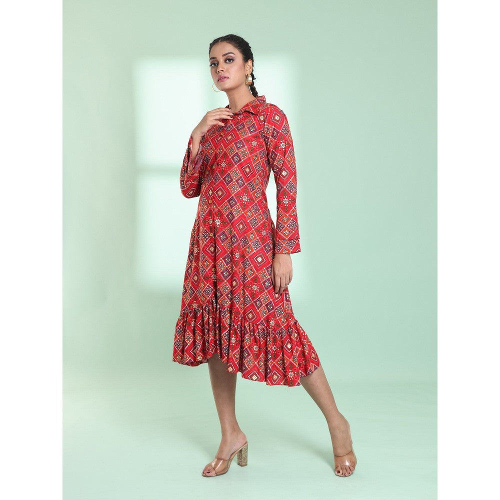 CHARUKRITI Red Rayon Bandhani Printed A-Line Stitched Ethnic Dress