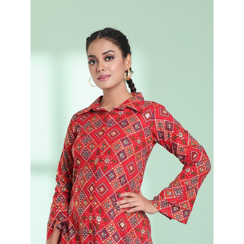 CHARUKRITI Red Rayon Bandhani Printed A-Line Stitched Ethnic Dress