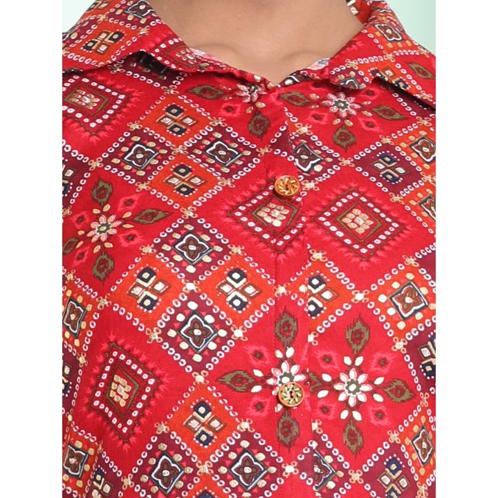 CHARUKRITI Red Rayon Bandhani Printed A-Line Stitched Ethnic Dress