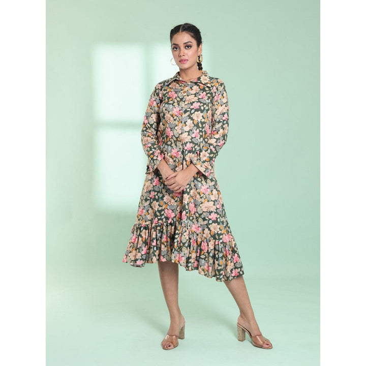 CHARUKRITI Green Rayon Floral Printed A-Line Stitched Ethnic Dress