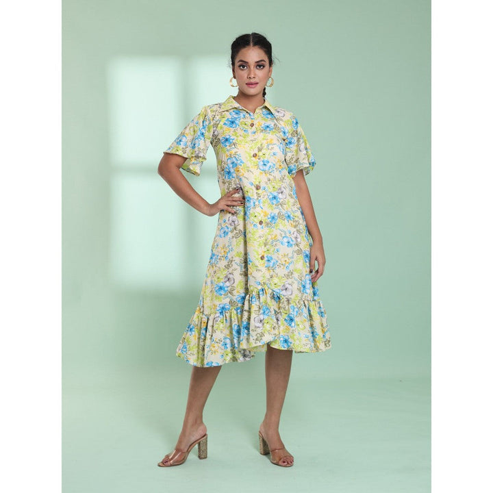 CHARUKRITI Light Yellow Rayon Floral Printed A-Line Stitched Ethnic Dress