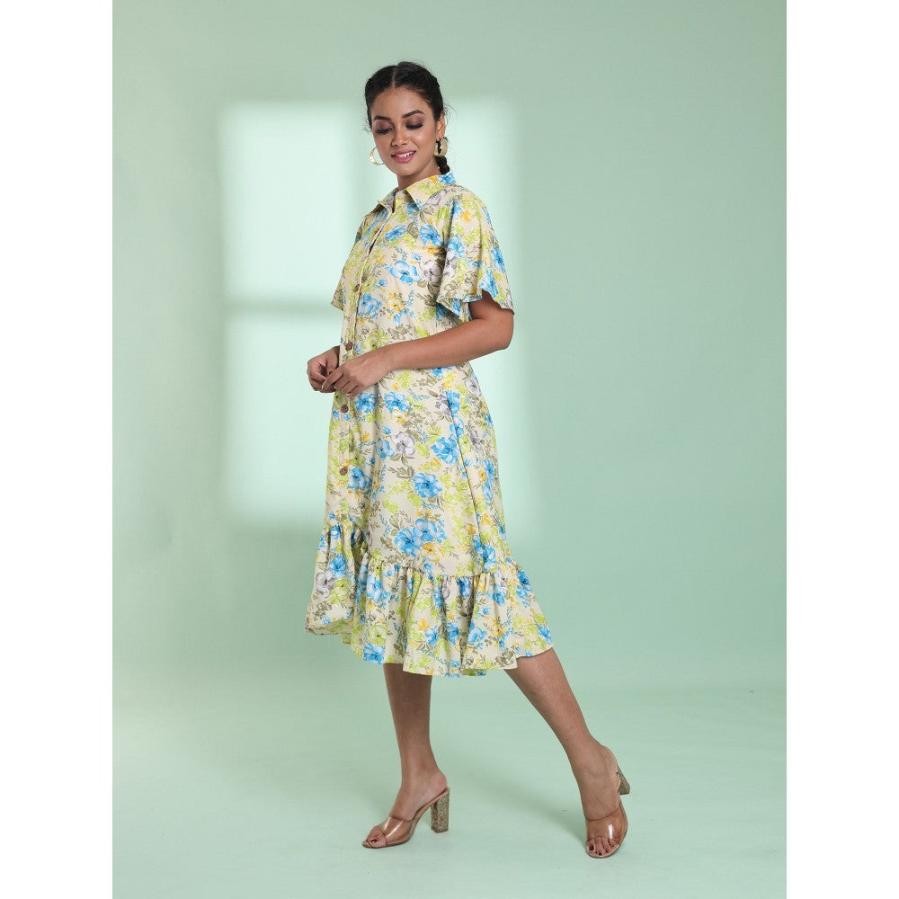 CHARUKRITI Light Yellow Rayon Floral Printed A-Line Stitched Ethnic Dress