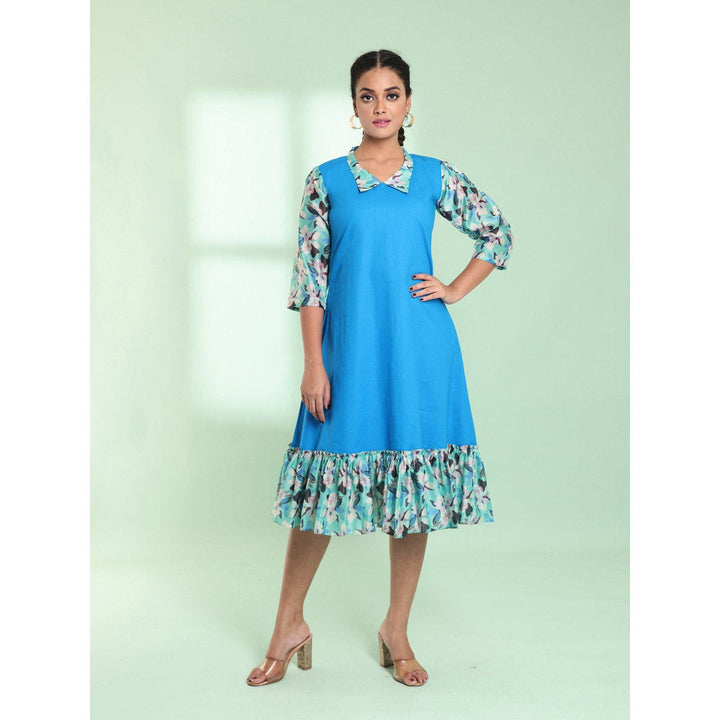 CHARUKRITI Blue Cotton Solid A-Line Stitched Ethnic Dress With Ruffle