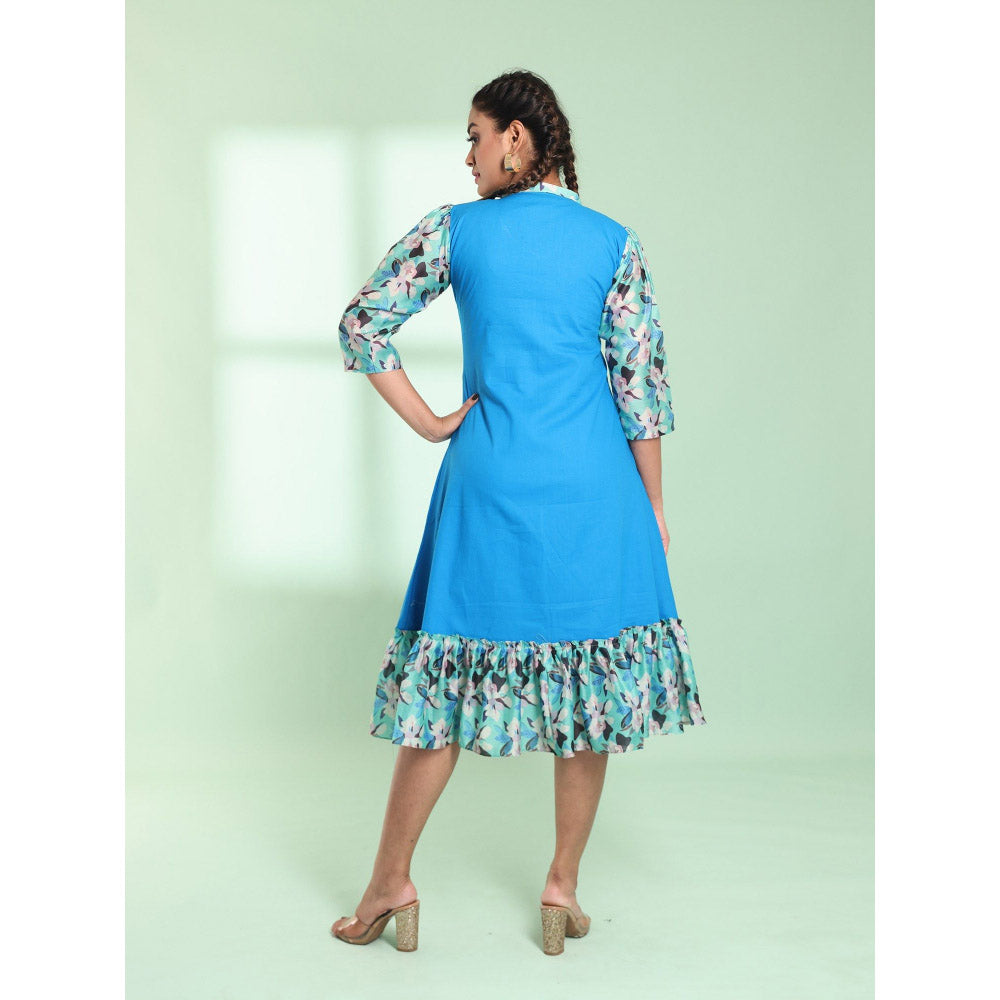 CHARUKRITI Blue Cotton Solid A-Line Stitched Ethnic Dress With Ruffle