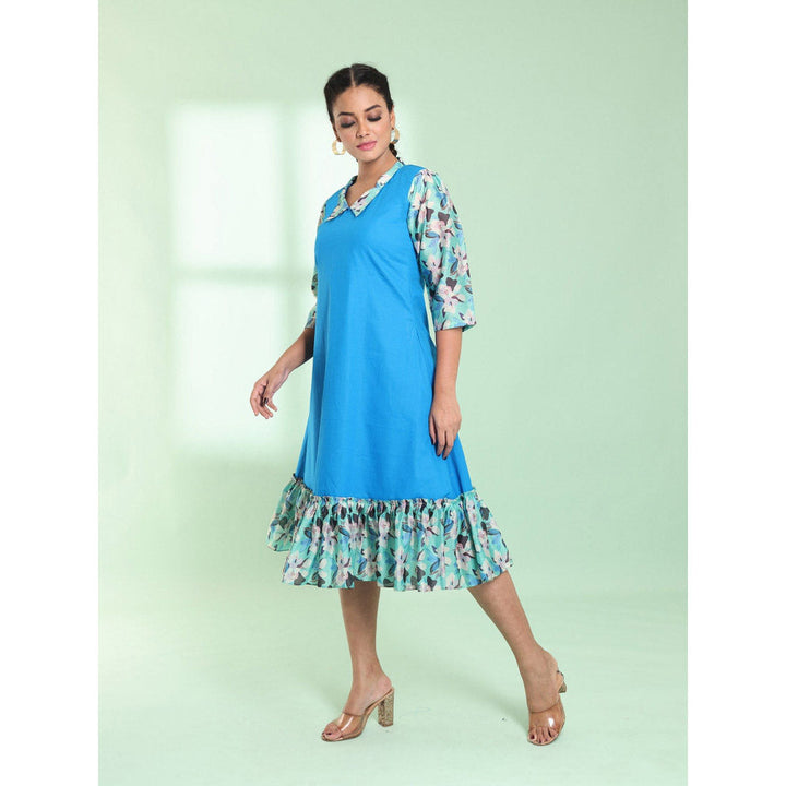 CHARUKRITI Blue Cotton Solid A-Line Stitched Ethnic Dress With Ruffle