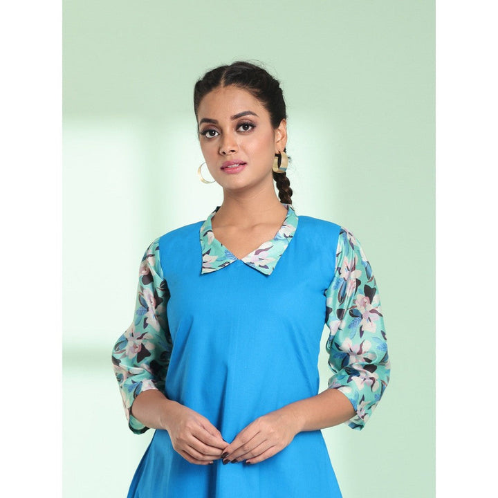 CHARUKRITI Blue Cotton Solid A-Line Stitched Ethnic Dress With Ruffle