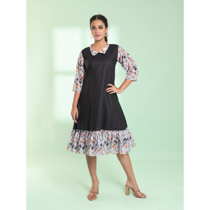 CHARUKRITI Black Cotton Solid A-Line Stitched Ethnic Dress