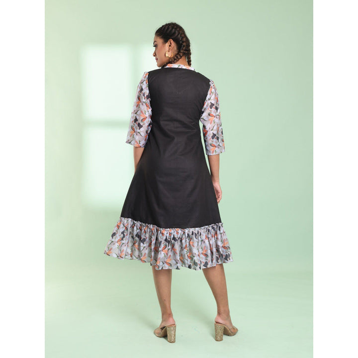 CHARUKRITI Black Cotton Solid A-Line Stitched Ethnic Dress