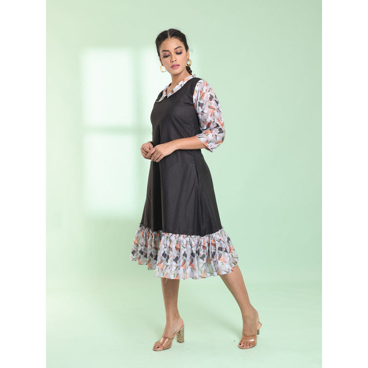 CHARUKRITI Black Cotton Solid A-Line Stitched Ethnic Dress