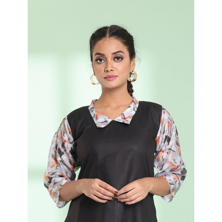 CHARUKRITI Black Cotton Solid A-Line Stitched Ethnic Dress