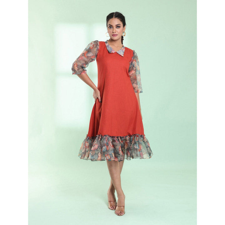 CHARUKRITI Rust Cotton Solid A-Line Stitched Ethnic Dress