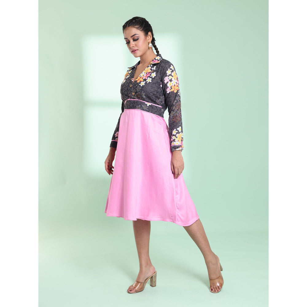 CHARUKRITI Pink & Grey Cotton Flared Stitched Ethnic Dress With Chikankari Work