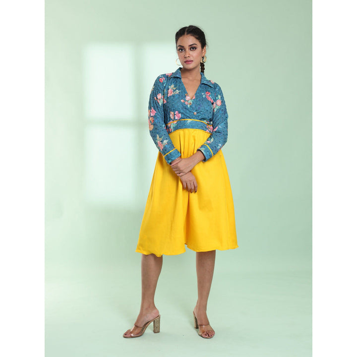 CHARUKRITI Yellow And Teal Cotton Flared Stitched Ethnic Dress With Chikankari Work