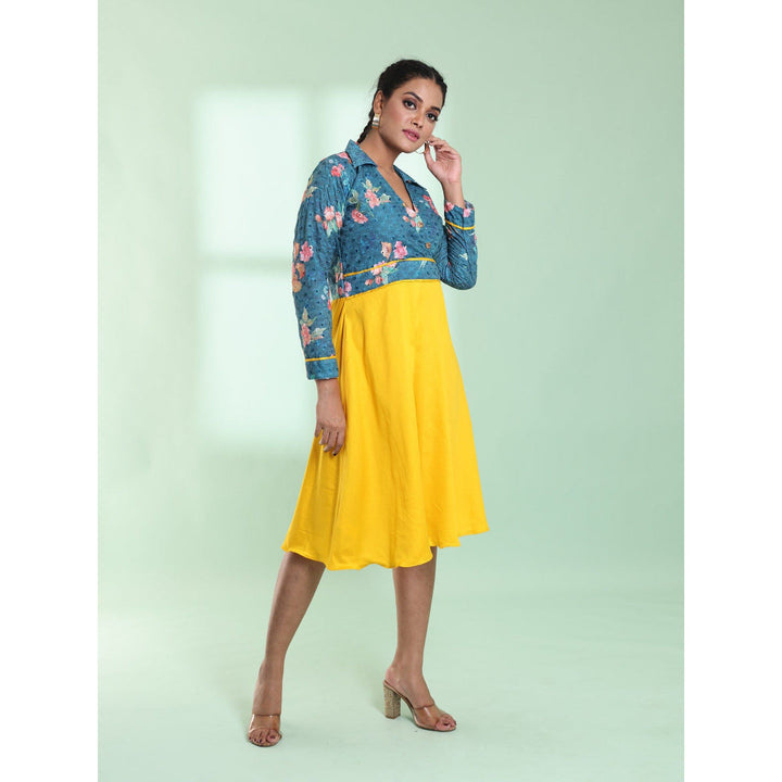 CHARUKRITI Yellow And Teal Cotton Flared Stitched Ethnic Dress With Chikankari Work