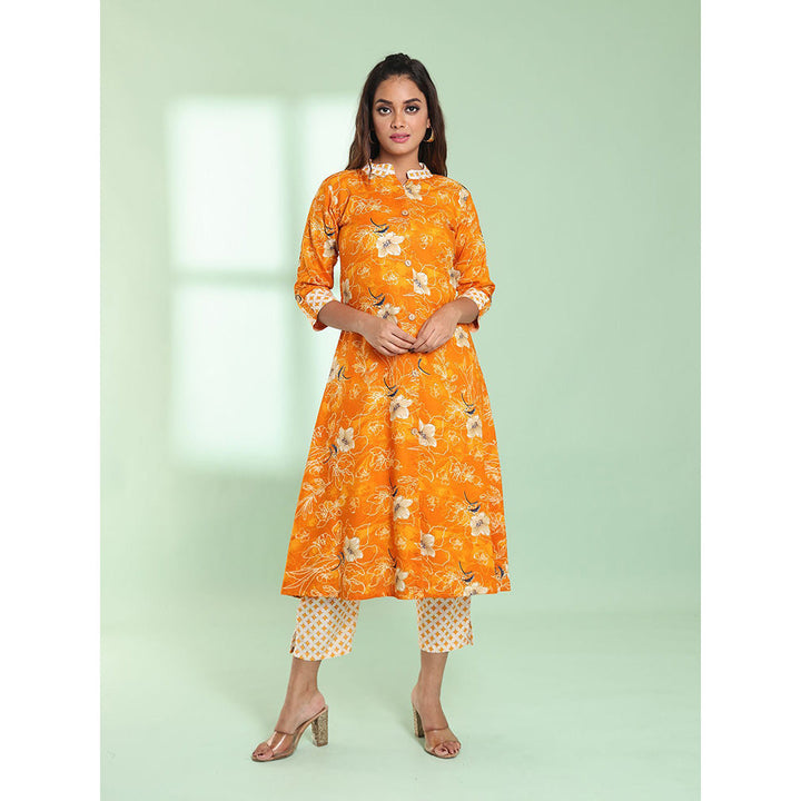 CHARUKRITI Yellow Rayon Floral Printed A-line Stitched Kurta with Pant (Set of 2)