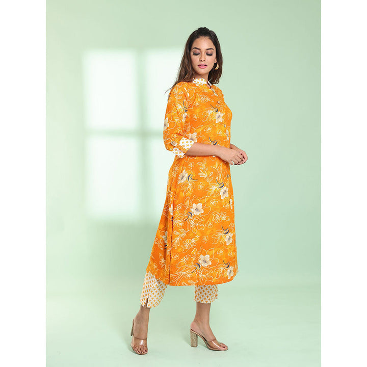 CHARUKRITI Yellow Rayon Floral Printed A-line Stitched Kurta with Pant (Set of 2)