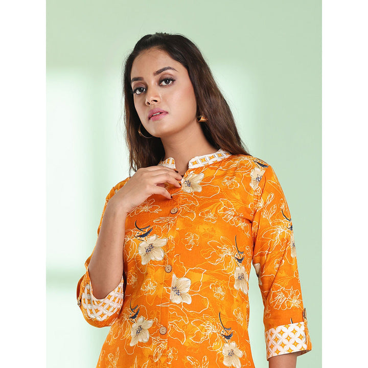 CHARUKRITI Yellow Rayon Floral Printed A-line Stitched Kurta with Pant (Set of 2)