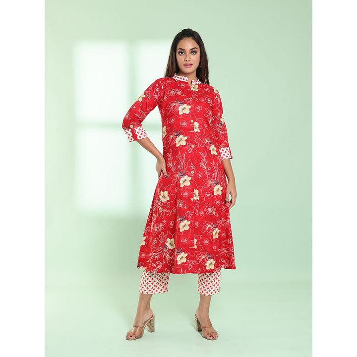 CHARUKRITI Red Rayon Floral Printed A-line Stitched Kurta with Pant (Set of 2)