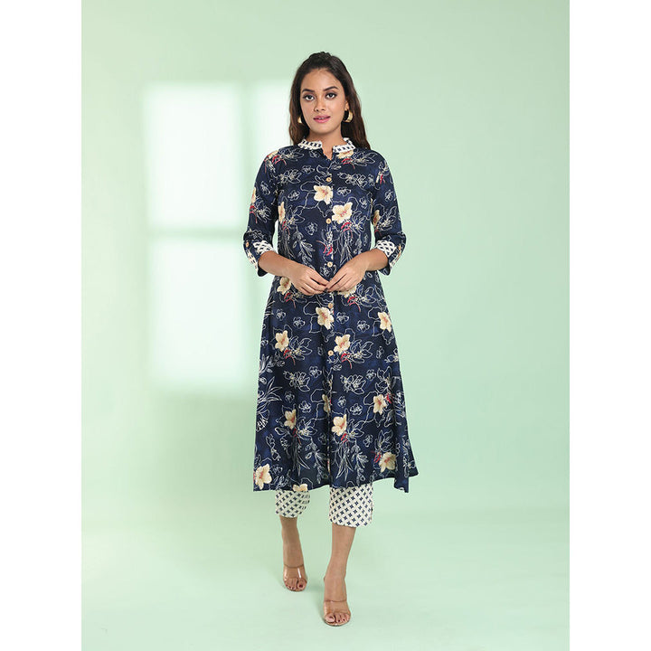 CHARUKRITI Navy Blue Rayon Floral Printed A-line Stitched Kurta with Pant (Set of 2)