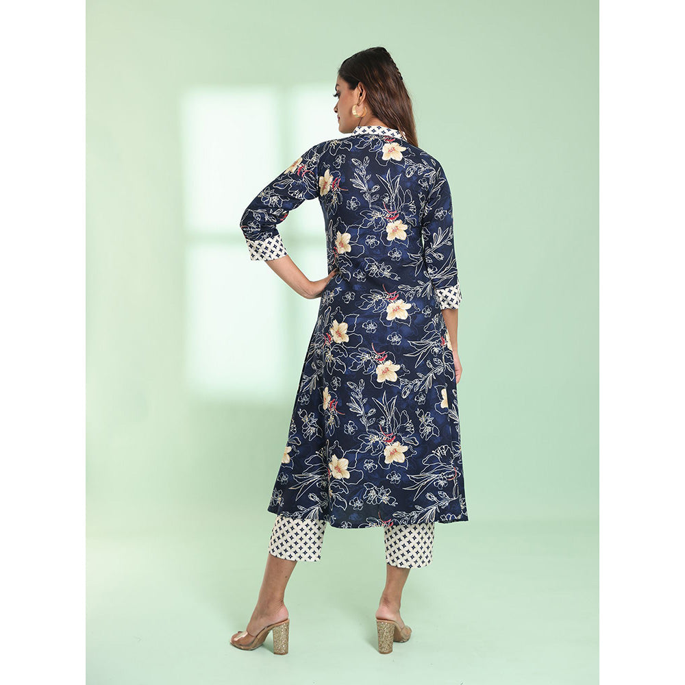 CHARUKRITI Navy Blue Rayon Floral Printed A-line Stitched Kurta with Pant (Set of 2)