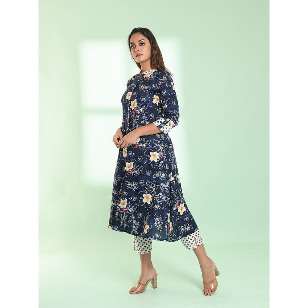 CHARUKRITI Navy Blue Rayon Floral Printed A-line Stitched Kurta with Pant (Set of 2)