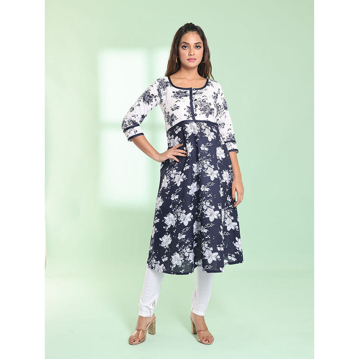 CHARUKRITI Navy Blue Cotton Floral Printed Fit & Flare Stitched Kurta with Churidar (Set of 2)