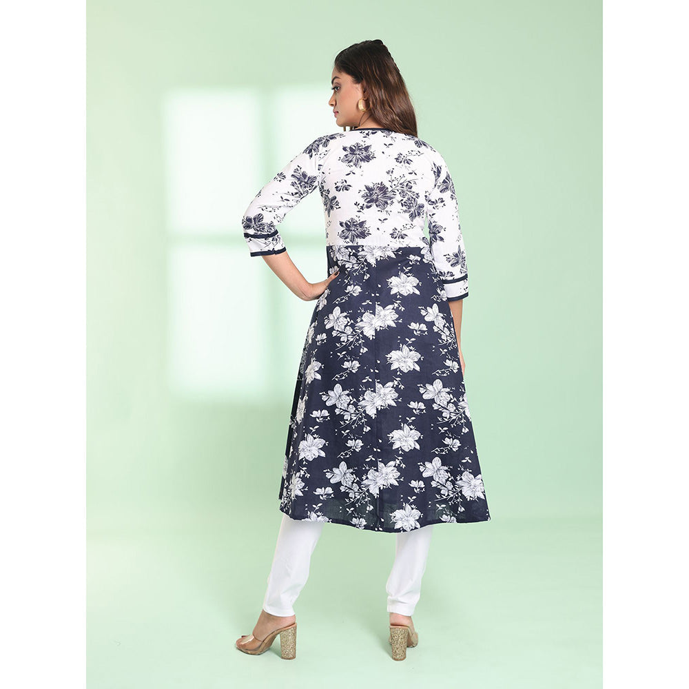 CHARUKRITI Navy Blue Cotton Floral Printed Fit & Flare Stitched Kurta with Churidar (Set of 2)