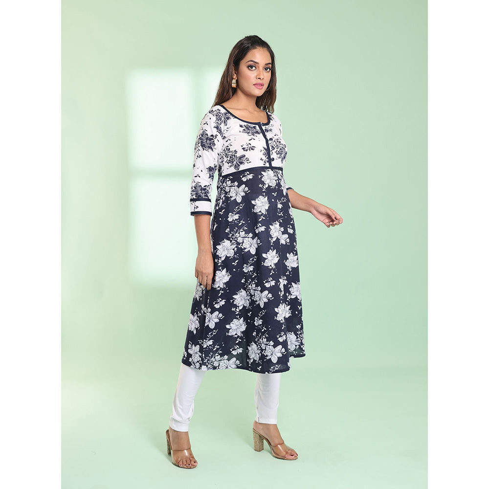 CHARUKRITI Navy Blue Cotton Floral Printed Fit & Flare Stitched Kurta with Churidar (Set of 2)